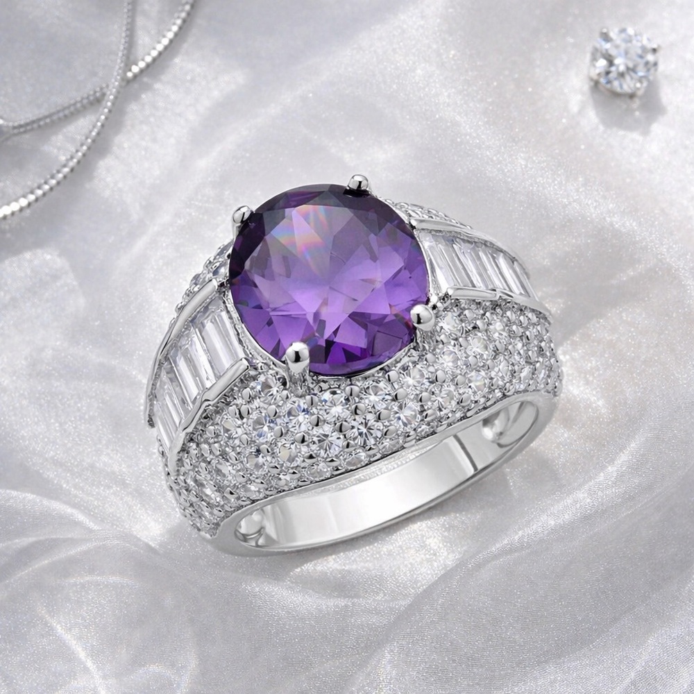 Simulated Purple & White Diamond Waterfall Ring in Silvertone - Picture 2 of 10